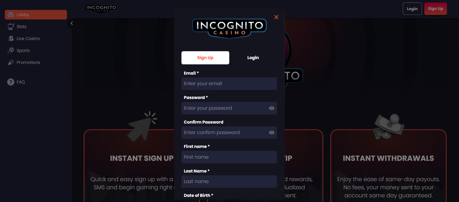 Incognito Casino registration